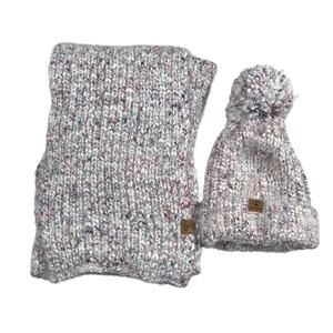 Bearpaw 2pc set Scarf and Beanie Hat Soft Fuzzy Tweed Pom Pom 70" Long